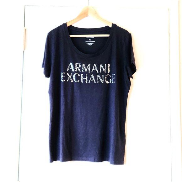 A|X Armani Exchange sz L/XL Cotton Embellished T-shirt Top Navy Sparkle Design - Picture 1 of 14